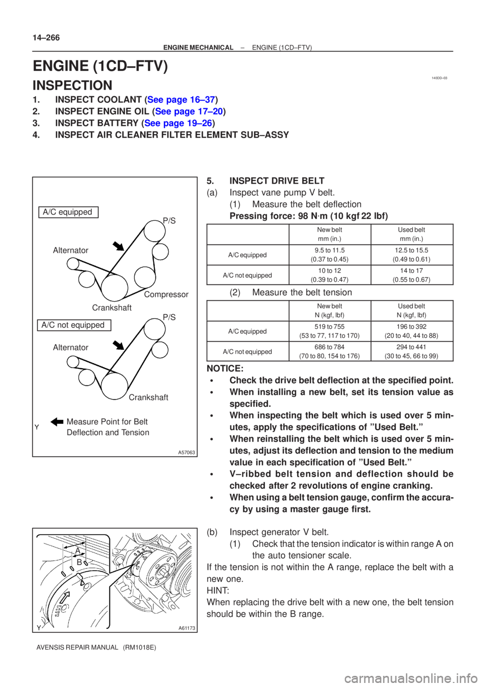 TOYOTA AVENSIS 2002 Repair Manual 140DD±03
A57063
Measure Point for Belt
Deflection and Tension
Alternator
Crankshaft Compressor
P/S P/S
Alternator Crankshaft
A/C equipped
A/C not equipped
A61173
B
A
14±266
±
ENGINE MECHANICAL ENG TOYOTA AVENSIS 2002 Repair Manual 140DD±03
A57063
Measure Point for Belt
Deflection and Tension
Alternator
Crankshaft Compressor
P/S P/S
Alternator Crankshaft
A/C equipped
A/C not equipped
A61173
B
A
14±266
±
ENGINE MECHANICAL ENG