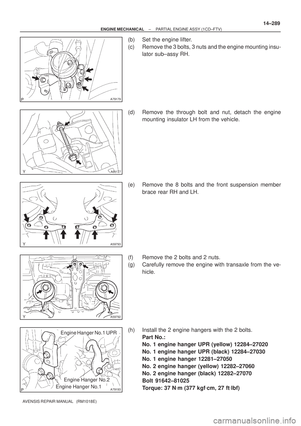 TOYOTA AVENSIS 2002  Repair Manual A79179
A61177
A59793
A59792
A79193
Engine Hanger No.1 UPR
Engine Hanger No.2
Engine Hanger No.1
± ENGINE MECHANICALPARTIAL ENGINE ASSY (1CD±FTV)
14±289
AVENSIS REPAIR MANUAL   (RM1018E)
(b) Set the
