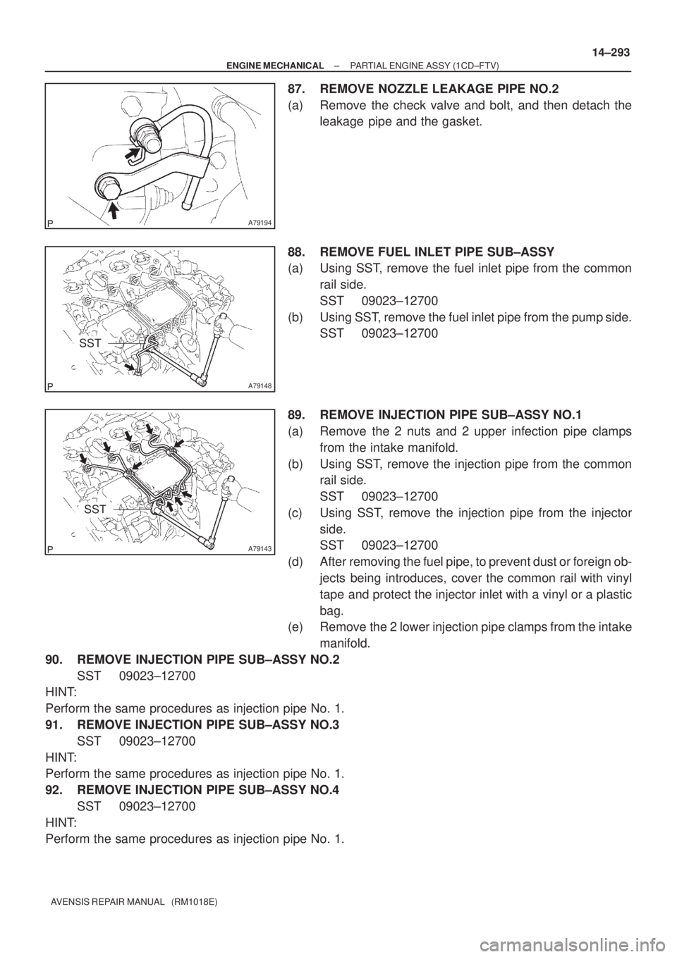 TOYOTA AVENSIS 2002  Repair Manual A79194
A79148
SST
A79143
SST
± ENGINE MECHANICALPARTIAL ENGINE ASSY (1CD±FTV)
14±293
AVENSIS REPAIR MANUAL   (RM1018E)
87. REMOVE NOZZLE LEAKAGE PIPE NO.2
(a) Remove the check valve and bolt, and t