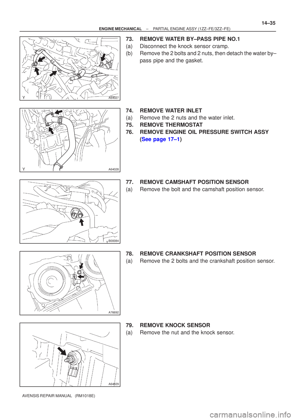 TOYOTA AVENSIS 2002  Repair Manual A64027
A64028
B00084
A76692
A64029
±
ENGINE MECHANICAL PARTIAL ENGINE ASSY (1ZZ±FE/3ZZ±FE)
14±35
AVENSIS REPAIR MANUAL   (RM1018E)
73. REMOVE WATER BY±PASS PIPE NO.1
(a) Disconnect the knock sens