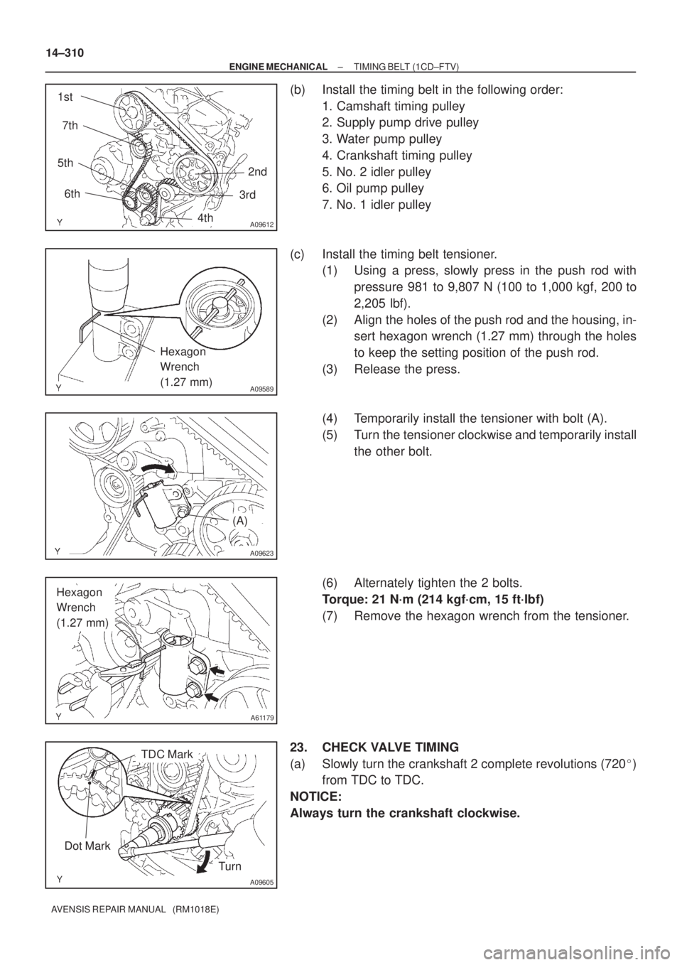 TOYOTA AVENSIS 2002 Repair Manual A09612
1st
2nd 5th
3rd
4th 6th 7th
A09589
Hexagon
Wrench
(1.27 mm)
(A)
A09623
A61179
Hexagon
Wrench
(1.27 mm)
A09605
Turn
Dot Mark
TDC Mark
14±310
± ENGINE MECHANICALTIMING BELT (1CD±FTV)
AVENSI TOYOTA AVENSIS 2002 Repair Manual A09612
1st
2nd 5th
3rd
4th 6th 7th
A09589
Hexagon
Wrench
(1.27 mm)
(A)
A09623
A61179
Hexagon
Wrench
(1.27 mm)
A09605
Turn
Dot Mark
TDC Mark
14±310
± ENGINE MECHANICALTIMING BELT (1CD±FTV)
AVENSI