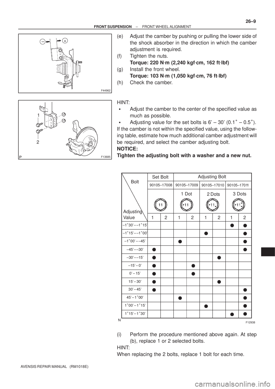 TOYOTA AVENSIS 2002 Repair Manual F44962
+
±
F13685
1
2
F12938
Bolt
Adjusting
ValueSet BoltAdjusting Bolt90105±17008 90105±17009
90105±17010 90105±17011
121212121 Dot
2 Dots3 Dots
±130 ± ±115
±115 ± ±100
±100 ± TOYOTA AVENSIS 2002 Repair Manual F44962
+
±
F13685
1
2
F12938
Bolt
Adjusting
ValueSet BoltAdjusting Bolt90105±17008 90105±17009
90105±17010 90105±17011
121212121 Dot
2 Dots3 Dots
±130 ± ±115
±115 ± ±100
±100 ±