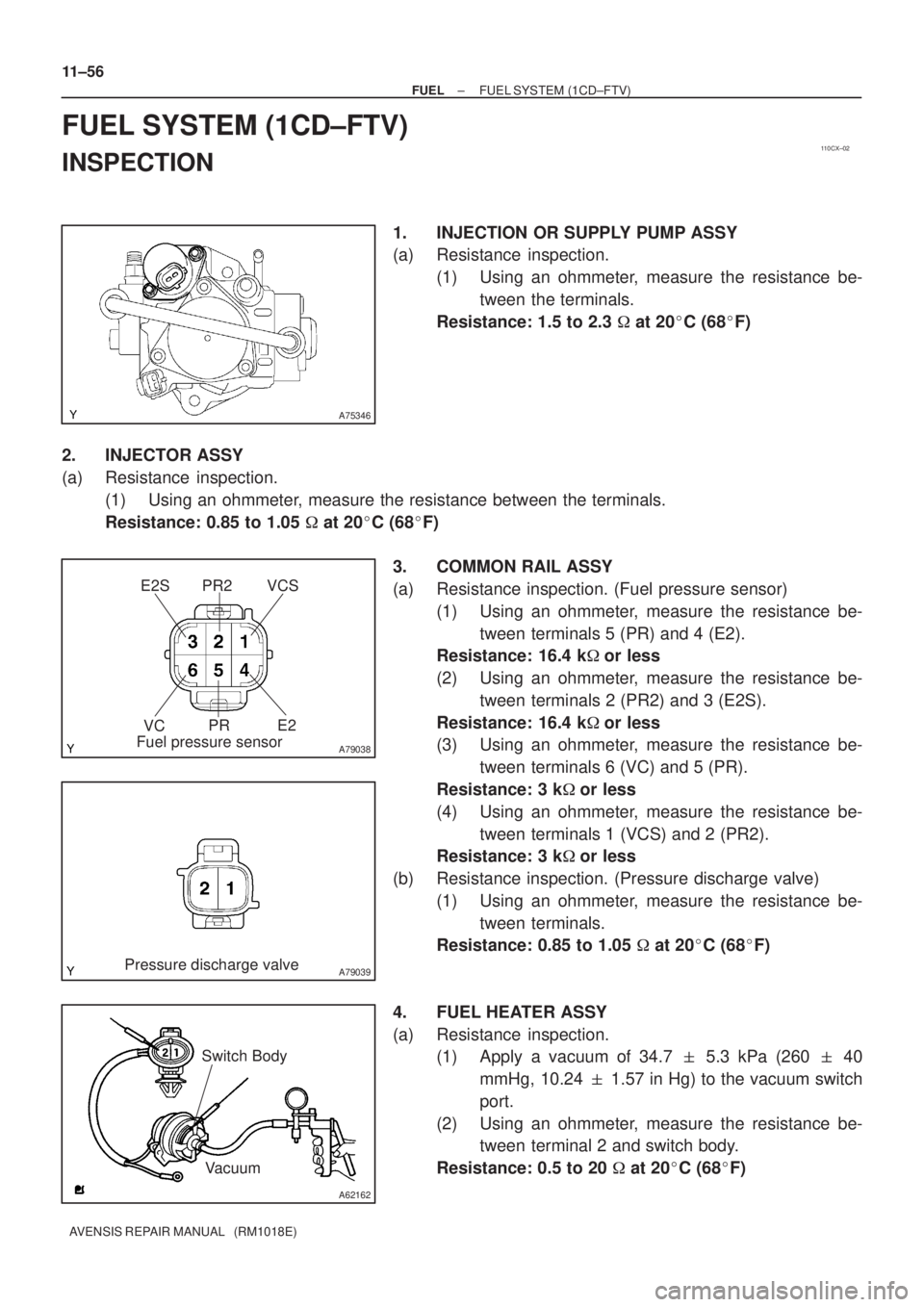 TOYOTA AVENSIS 2002 Repair Manual 110CX±02
A75346
A79038
E2S PR2 VCS
VCPR E2
Fuel pressure sensor
A79039Pressure discharge valve
A62162
Vacuum Switch Body
11±56
± FUELFUEL SYSTEM (1CD±FTV)
AVENSIS REPAIR MANUAL (RM1018E)
FUEL SY TOYOTA AVENSIS 2002 Repair Manual 110CX±02
A75346
A79038
E2S PR2 VCS
VCPR E2
Fuel pressure sensor
A79039Pressure discharge valve
A62162
Vacuum Switch Body
11±56
± FUELFUEL SYSTEM (1CD±FTV)
AVENSIS REPAIR MANUAL (RM1018E)
FUEL SY