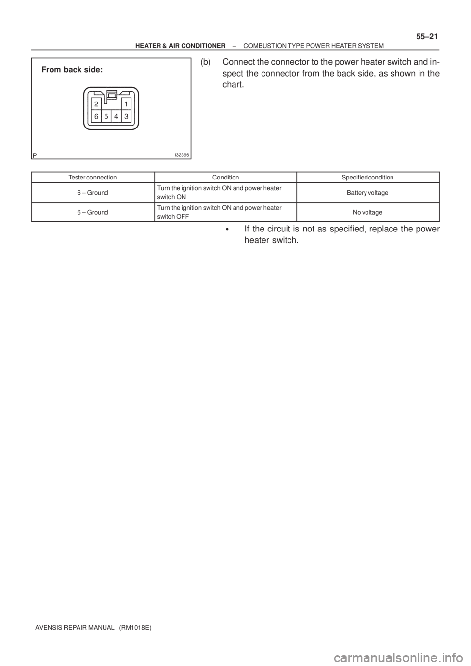 TOYOTA AVENSIS 2002  Repair Manual I32396
From back side:
± HEATER & AIR CONDITIONERCOMBUSTION TYPE POWER HEATER SYSTEM
55±21
AVENSIS REPAIR MANUAL   (RM1018E)
(b) Connect the connector to the power heater switch and in-
spect the co