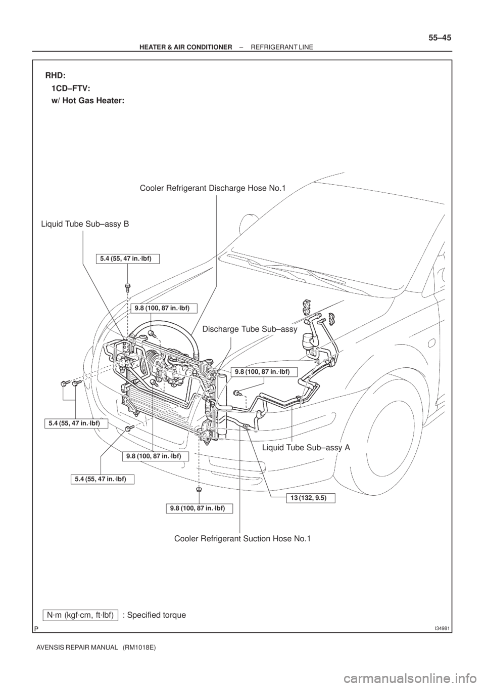 TOYOTA AVENSIS 2002  Repair Manual I34981
Nm (kgfcm, ftlbf) : Specified torque Liquid Tube Sub±assy B
RHD:
1CD±FTV:
w/ Hot Gas Heater:
5.4 (55, 47 in.lbf)
9.8 (100, 87 in.lbf)
5.4 (55, 47 in.lbf)
Discharge Tube Sub±assy
5.4 (5