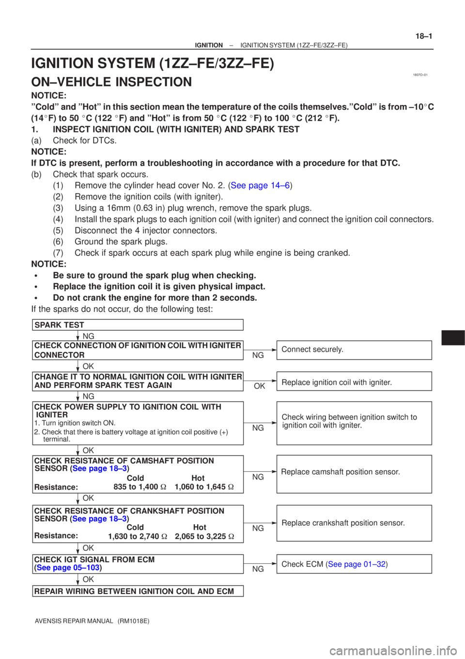 TOYOTA AVENSIS 2002 Repair Manual 1807O±01
CHECK POWER SUPPLY TO IGNITION COIL WITHSENSOR (See page 18±3)
SPARK TEST
Replace crankshaft position sensor.
CHECK RESISTANCE OF CAMSHAFT POSITION
1. Turn ignition switch ON.
2. Check that TOYOTA AVENSIS 2002 Repair Manual 1807O±01
CHECK POWER SUPPLY TO IGNITION COIL WITHSENSOR (See page 18±3)
SPARK TEST
Replace crankshaft position sensor.
CHECK RESISTANCE OF CAMSHAFT POSITION
1. Turn ignition switch ON.
2. Check that
