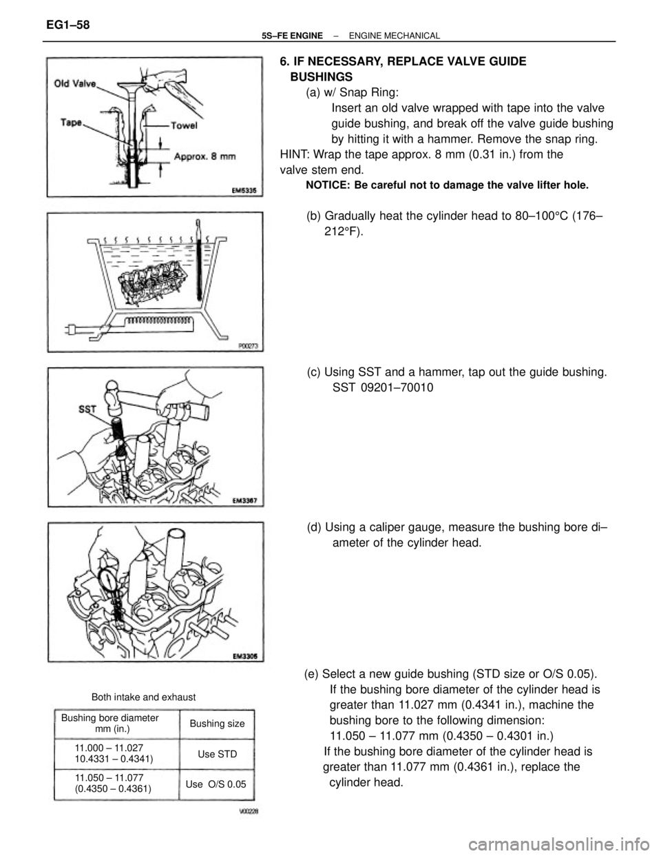TOYOTA CAMRY 2000 Service Repair Manual 6. IF NECESSARY, REPLACE VALVE GUIDE
BUSHINGS
(a) w/ Snap Ring:
Insert an old valve wrapped with tape into the valve
guide bushing, and break off the valve guide bushing
by hitting it with a hammer TOYOTA CAMRY 2000 Service Repair Manual 6. IF NECESSARY, REPLACE VALVE GUIDE
BUSHINGS
(a) w/ Snap Ring:
Insert an old valve wrapped with tape into the valve
guide bushing, and break off the valve guide bushing
by hitting it with a hammer