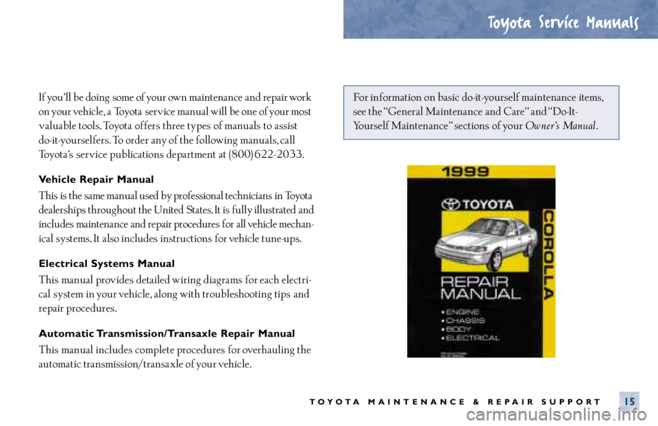 TOYOTA CAMRY 2000 Service Repair Manual If you’ ll be doing some of your own maintenance and repair work
on your vehicle, a Toyota service manual will be one of your most
valuable tools. Toyota offers three types of manuals to assist TOYOTA CAMRY 2000 Service Repair Manual If you’ ll be doing some of your own maintenance and repair work
on your vehicle, a Toyota service manual will be one of your most
valuable tools. Toyota offers three types of manuals to assist