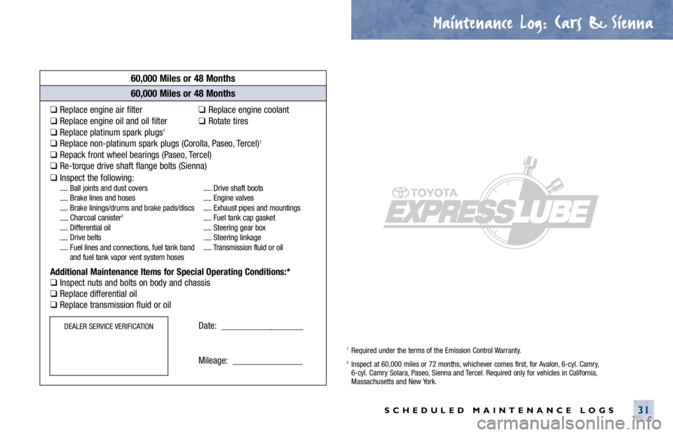 TOYOTA CAMRY 2000 Service Repair Manual Maintenance Log.
. Cars & Sienna
SCHEDULED MAINTENANCE LOGS31
60,000 Miles or 48 Months
❑Replace engine air filter❑Replace engine coolant
❑Replace engine oil and oil filter❑Rotate tires
❑Rep TOYOTA CAMRY 2000 Service Repair Manual Maintenance Log.
. Cars & Sienna
SCHEDULED MAINTENANCE LOGS31
60,000 Miles or 48 Months
❑Replace engine air filter❑Replace engine coolant
❑Replace engine oil and oil filter❑Rotate tires
❑Rep