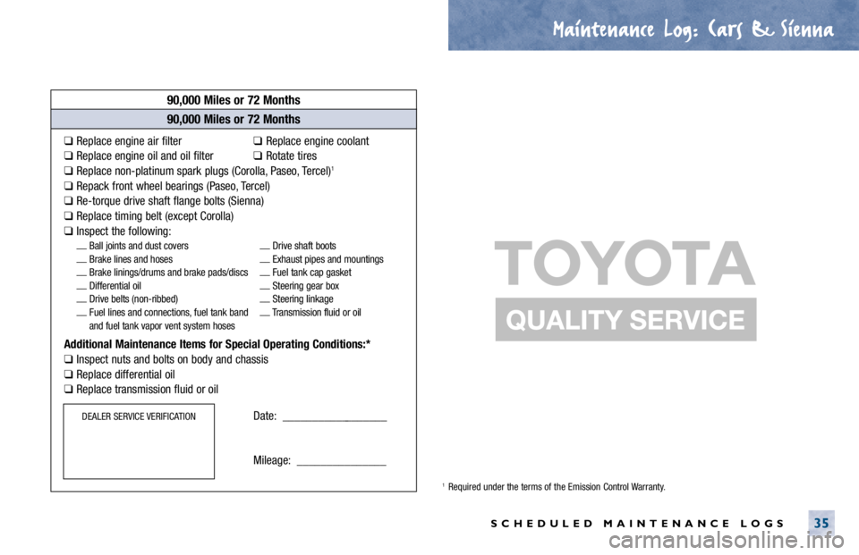 TOYOTA CAMRY 2000 Service Repair Manual Maintenance Log.
. Cars & Sienna
SCHEDULED MAINTENANCE LOGS35
90,000 Miles or 72 Months
❑Replace engine air filter❑Replace engine coolant
❑Replace engine oil and oil filter❑Rotate tires
❑Rep TOYOTA CAMRY 2000 Service Repair Manual Maintenance Log.
. Cars & Sienna
SCHEDULED MAINTENANCE LOGS35
90,000 Miles or 72 Months
❑Replace engine air filter❑Replace engine coolant
❑Replace engine oil and oil filter❑Rotate tires
❑Rep