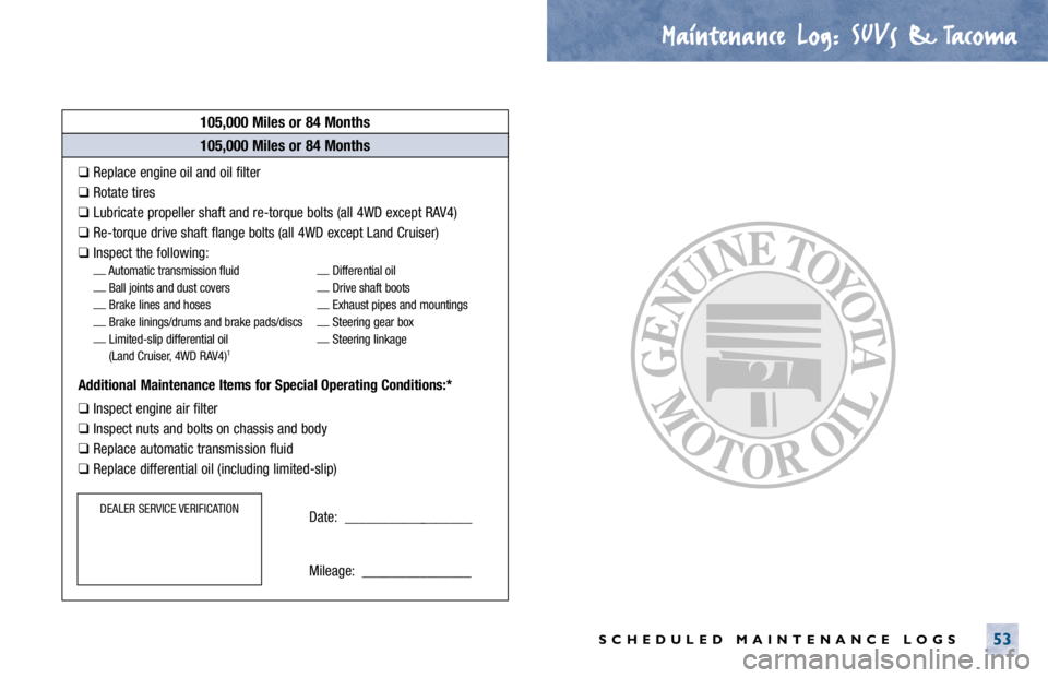 TOYOTA CAMRY 2000  Service Repair Manual Maintenance Log.
. SUVs & Tacoma
SCHEDULED MAINTENANCE LOGS53
105,000 Miles or 84 Months
❑Replace engine oil and oil filter
❑Rotate tires
❑Lubricate propeller shaft and re-torque bolts (all 4WD 