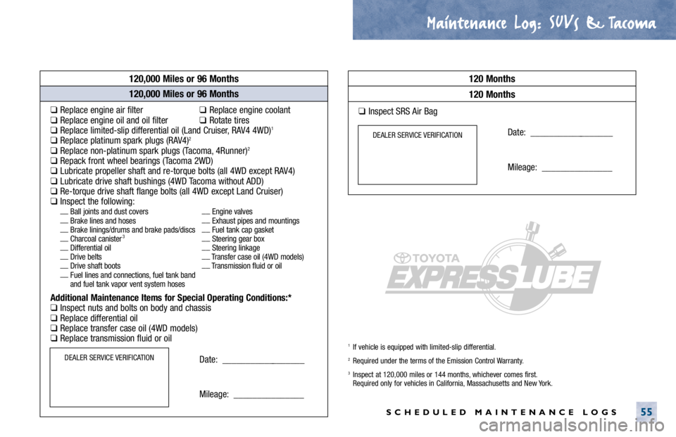 TOYOTA CAMRY 2000 Service Repair Manual Maintenance Log.
. SUVs & Tacoma
SCHEDULED MAINTENANCE LOGS55
120,000 Miles or 96 Months
❑Replace engine air filter❑Replace engine coolant❑Replace engine oil and oil filter❑Rotate tires❑Repl TOYOTA CAMRY 2000 Service Repair Manual Maintenance Log.
. SUVs & Tacoma
SCHEDULED MAINTENANCE LOGS55
120,000 Miles or 96 Months
❑Replace engine air filter❑Replace engine coolant❑Replace engine oil and oil filter❑Rotate tires❑Repl