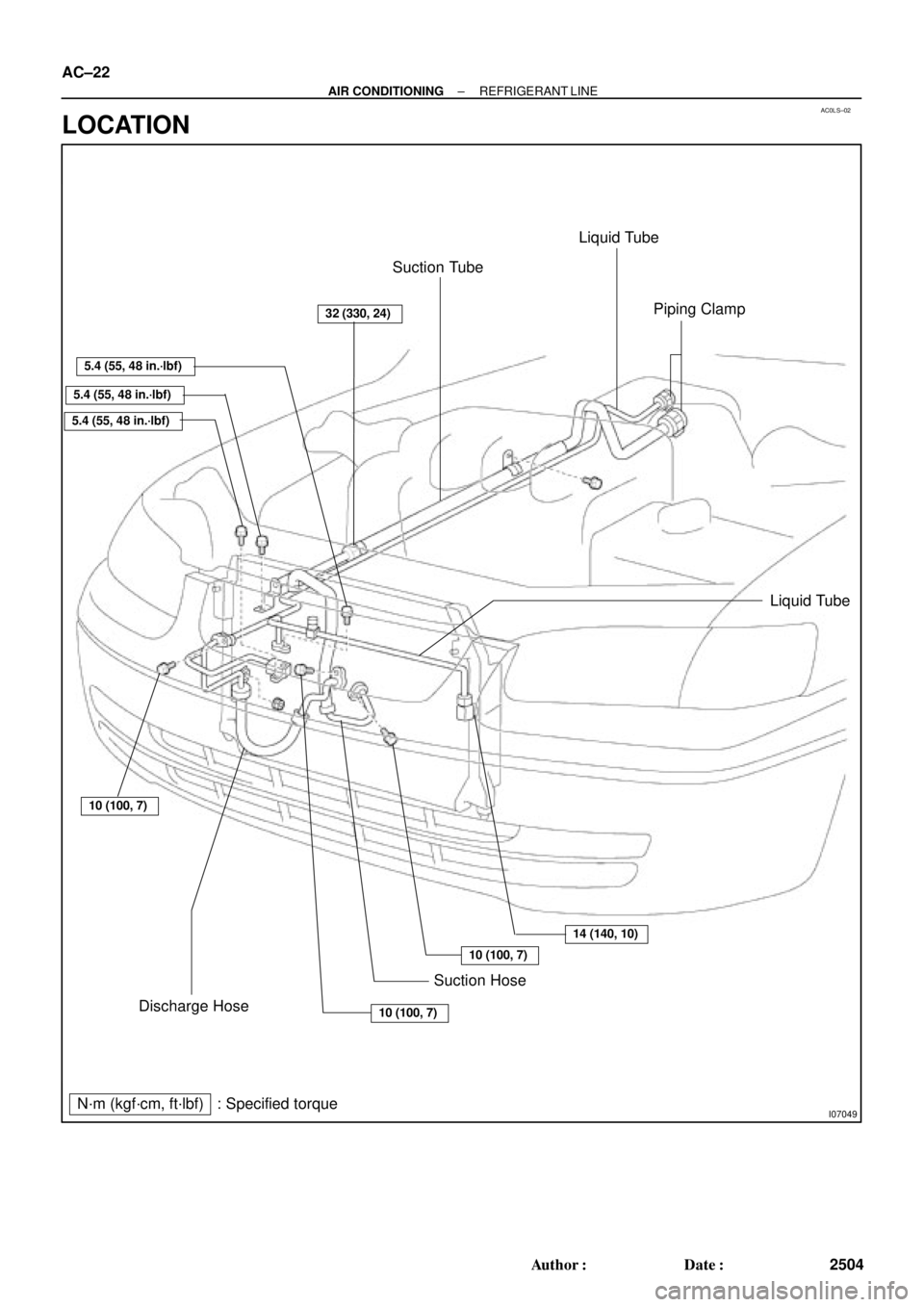 TOYOTA CAMRY 2000  Service Repair Manual AC0LS±02
I07049
Suction TubeLiquid Tube
Piping Clamp
Liquid Tube
Suction Hose
Discharge Hose
N´m (kgf´cm, ft´lbf) : Specified torque
32 (330, 24)
5.4 (55, 48 in.´lbf)
5.4 (55, 48 in.´lbf)
10 (10