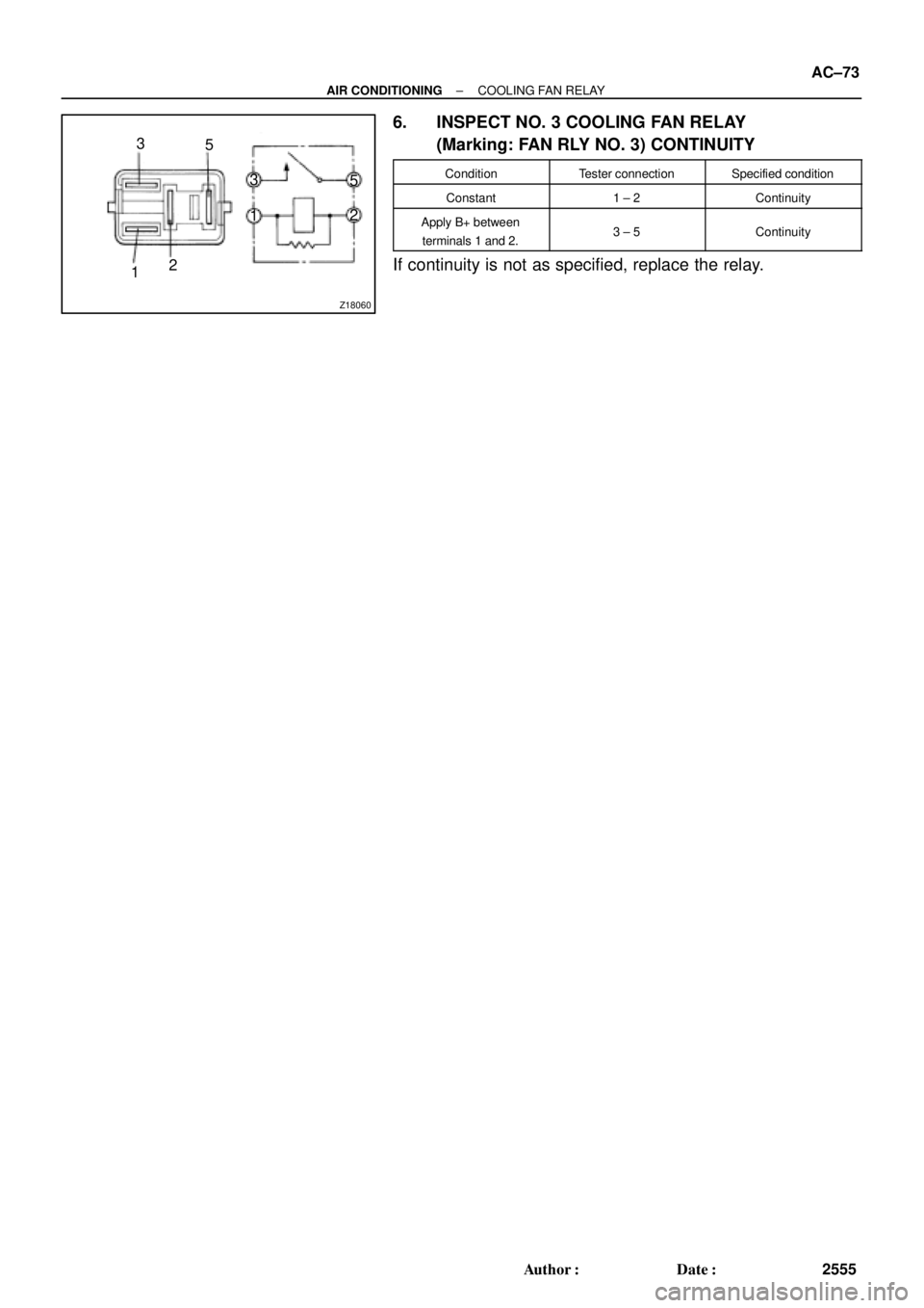 TOYOTA CAMRY 2000  Service Repair Manual Z18060
12 3
5
12 3
5
± AIR CONDITIONINGCOOLING FAN RELAY
AC±73
2555 Author: Date:
6. INSPECT NO. 3 COOLING FAN RELAY
(Marking: FAN RLY NO. 3) CONTINUITY
ConditionTester connectionSpecified conditi