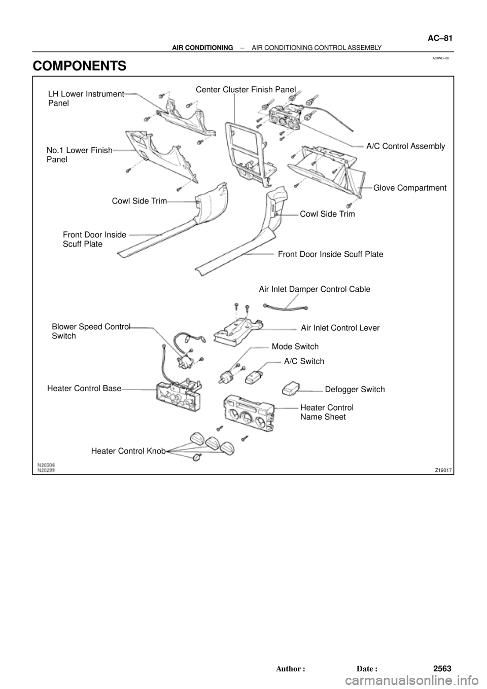 TOYOTA CAMRY 2000  Service Repair Manual AC0ND±02
Z19017
LH Lower Instrument
Panel
No.1 Lower Finish
Panel
Cowl Side Trim
Front Door Inside
Scuff PlateCenter Cluster Finish Panel
A/C Control Assembly
Glove Compartment
Cowl Side Trim
Air Inl