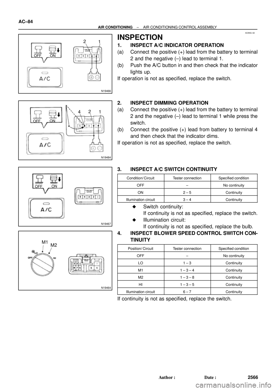 TOYOTA CAMRY 2000 Service Repair Manual AC0NG±02
N19466
ON OFF
2
1
N19484
ON
OFF
2
1 4
N19467
ON
OFF
N19464
M1
M2 AC±84
± AIR CONDITIONINGAIR CONDITIONING CONTROL ASSEMBLY
2566 Author: Date:
INSPECTION
1. INSPECT A/C INDICATOR OPERATIO TOYOTA CAMRY 2000 Service Repair Manual AC0NG±02
N19466
ON OFF
2
1
N19484
ON
OFF
2
1 4
N19467
ON
OFF
N19464
M1
M2 AC±84
± AIR CONDITIONINGAIR CONDITIONING CONTROL ASSEMBLY
2566 Author: Date:
INSPECTION
1. INSPECT A/C INDICATOR OPERATIO