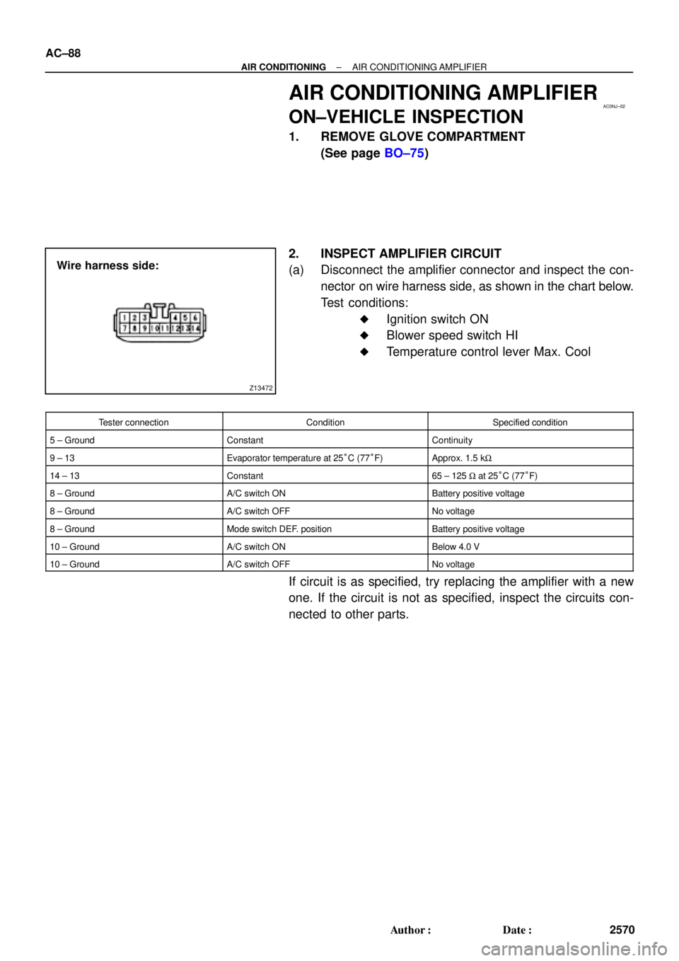 TOYOTA CAMRY 2000 Service Repair Manual AC0NJ±02
Z13472
Wire harness side: AC±88
± AIR CONDITIONINGAIR CONDITIONING AMPLIFIER
2570 Author: Date:
AIR CONDITIONING AMPLIFIER
ON±VEHICLE INSPECTION
1. REMOVE GLOVE COMPARTMENT
(See page BO TOYOTA CAMRY 2000 Service Repair Manual AC0NJ±02
Z13472
Wire harness side: AC±88
± AIR CONDITIONINGAIR CONDITIONING AMPLIFIER
2570 Author: Date:
AIR CONDITIONING AMPLIFIER
ON±VEHICLE INSPECTION
1. REMOVE GLOVE COMPARTMENT
(See page BO