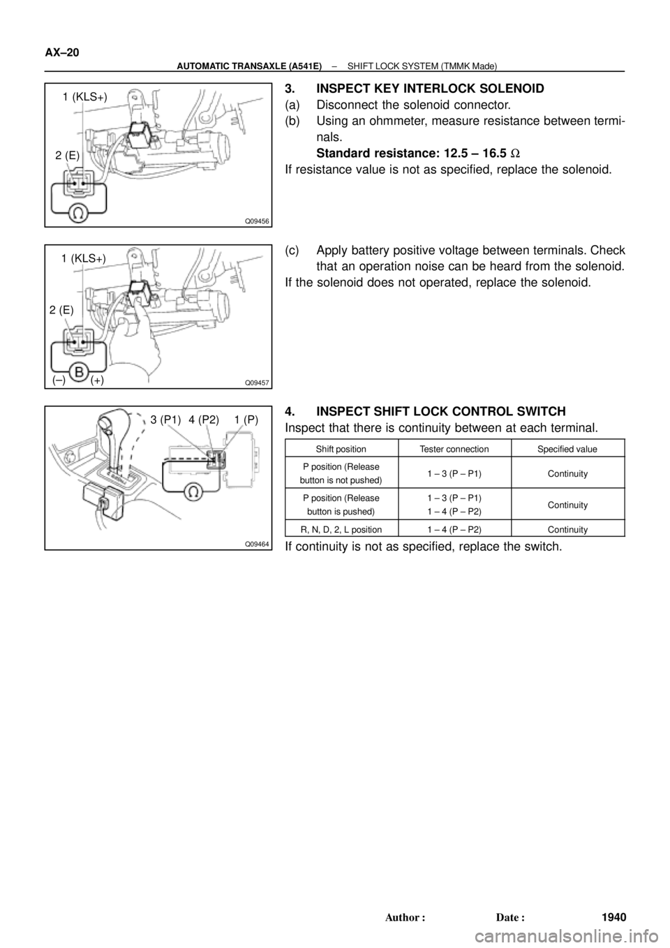 TOYOTA CAMRY 2000  Service Repair Manual Q09456
1 (KLS+)
2 (E)
Q09457
1 (KLS+)
2 (E)
(±) (+)
Q09464
3 (P1) 4 (P2) 1 (P) AX±20
± AUTOMATIC TRANSAXLE (A541E)SHIFT LOCK SYSTEM (TMMK Made)
1940 Author: Date:
3. INSPECT KEY INTERLOCK SOLENOI