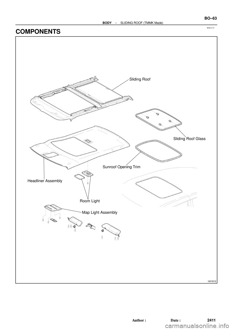 TOYOTA CAMRY 2000  Service Repair Manual BO0LV±01
H01812
Sliding Roof
Sliding Roof Glass
Sunroof Opening Trim
Headliner Assembly
Room Light
Map Light Assembly
± BODYSLIDING ROOF (TMMK Made)
BO±63
2411 Author: Date:
COMPONENTS 
