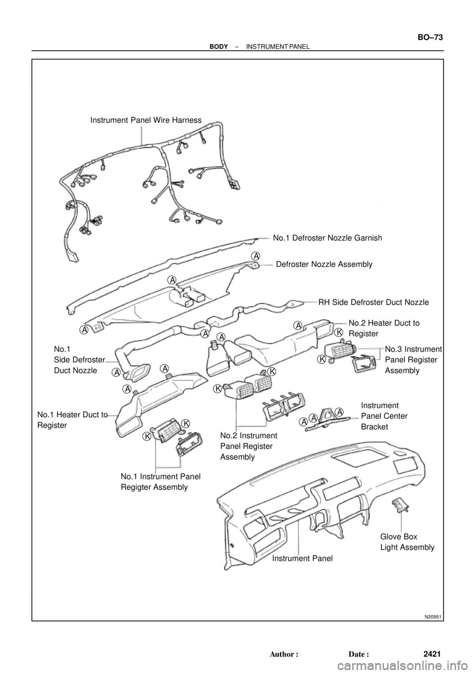 TOYOTA CAMRY 2000  Service Repair Manual N20951
A
Instrument Panel Wire Harness
No.1 Defroster Nozzle Garnish
Defroster Nozzle Assembly A
A
RH Side Defroster Duct Nozzle
No.1
Side Defroster
Duct Nozzle
A
A
A
A
A
ANo.2 Heater Duct to
Register