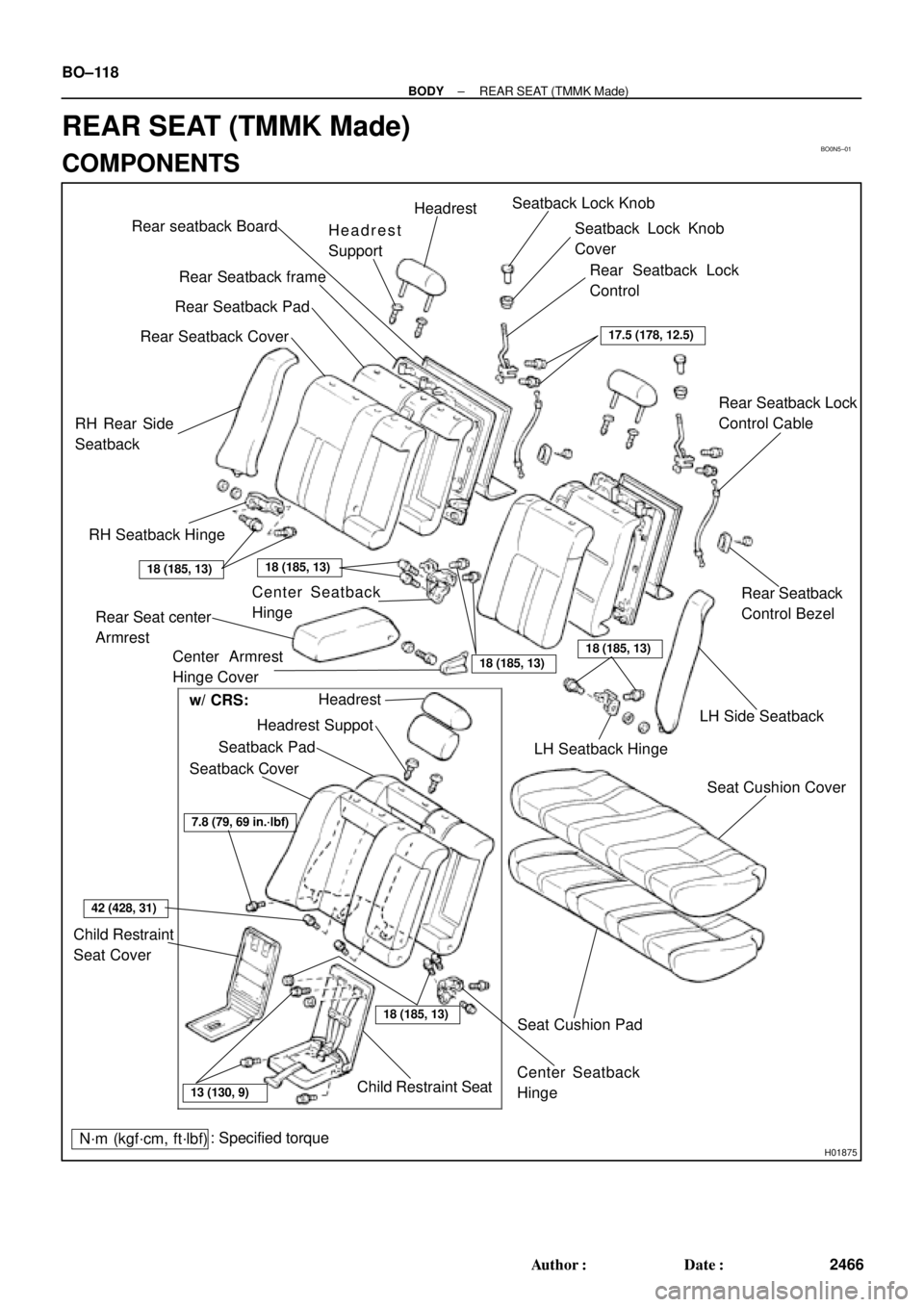 TOYOTA CAMRY 2000  Service Repair Manual BO0N5±01
H01875
Rear seatback Board
Rear Seatback frame
RH Rear Side
SeatbackRear Seatback CoverRear Seatback PadHeadrest
Support
LH Seatback Hinge Seatback Lock Knob
Seatback Lock Knob
Cover
Rear Se