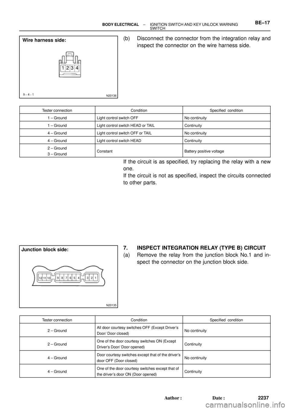 TOYOTA CAMRY 2000 Service Repair Manual N20136
Wire harness side:
1234
N20135
Junction block side:
1 2 3 4 5 6 7 8
10 119
12
± BODY ELECTRICALIGNITION SWITCH AND KEY UNLOCK WARNING
SWITCHBE±17
2237 Author: Date:
(b) Disconnect the co TOYOTA CAMRY 2000 Service Repair Manual N20136
Wire harness side:
1234
N20135
Junction block side:
1 2 3 4 5 6 7 8
10 119
12
± BODY ELECTRICALIGNITION SWITCH AND KEY UNLOCK WARNING
SWITCHBE±17
2237 Author: Date:
(b) Disconnect the co