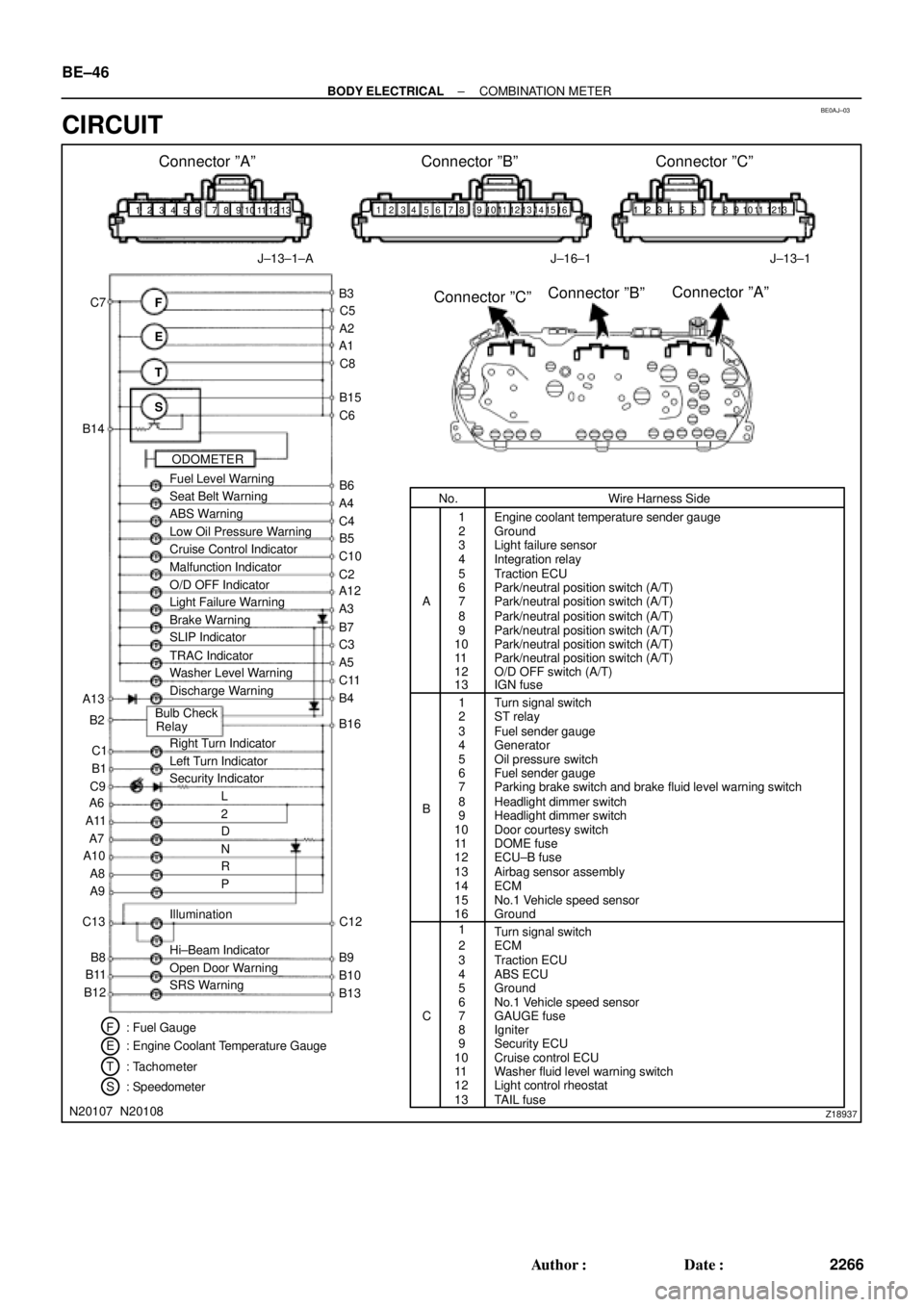 TOYOTA CAMRY 2000 Service Repair Manual BE0AJ±03
Z18937
Connector ºAº Connector ºBº Connector ºCº
Connector ºAº
Connector ºBº
Connector ºCº
J±13±1±A J±16±1 J±13±1
1 2 3 4 5 6 7 8 9 10 11 12 1314 15 16 1 234 56 78 9101112 TOYOTA CAMRY 2000 Service Repair Manual BE0AJ±03
Z18937
Connector ºAº Connector ºBº Connector ºCº
Connector ºAº
Connector ºBº
Connector ºCº
J±13±1±A J±16±1 J±13±1
1 2 3 4 5 6 7 8 9 10 11 12 1314 15 16 1 234 56 78 9101112
