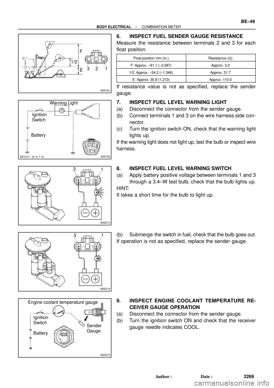TOYOTA CAMRY 2000 Service Repair Manual N20161
F
1/2
E1
2 3
Z05730 1
3
42
5
BE1217 Ie±5±1±A
BatteryWarning Light
Ignition
Switch
N20213
1 3
N20214
1
3
N20215
Engine coolant temperature gauge
Ignition
Switch
BatterySender
Gauge
± BODY EL TOYOTA CAMRY 2000 Service Repair Manual N20161
F
1/2
E1
2 3
Z05730 1
3
42
5
BE1217 Ie±5±1±A
BatteryWarning Light
Ignition
Switch
N20213
1 3
N20214
1
3
N20215
Engine coolant temperature gauge
Ignition
Switch
BatterySender
Gauge
± BODY EL