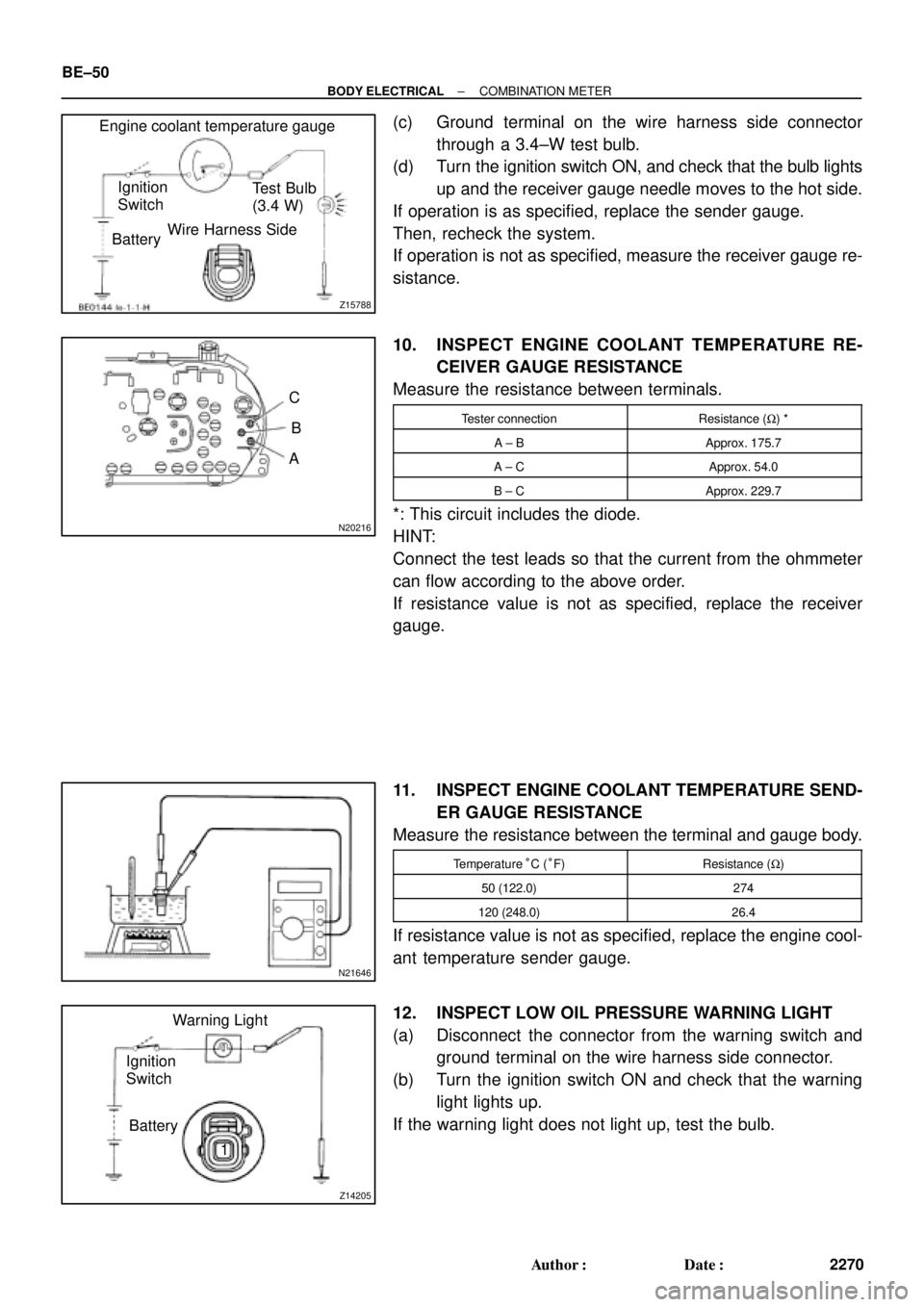 TOYOTA CAMRY 2000 Service Repair Manual Z15788
Engine coolant temperature gauge
Ignition
Switch
BatteryWire Harness SideTest Bulb
(3.4 W)
N20216
C
B
A
N21646
Z14205
Warning Light
Ignition
Switch
Battery
1 BE±50
± BODY ELECTRICALCOMBINATIO TOYOTA CAMRY 2000 Service Repair Manual Z15788
Engine coolant temperature gauge
Ignition
Switch
BatteryWire Harness SideTest Bulb
(3.4 W)
N20216
C
B
A
N21646
Z14205
Warning Light
Ignition
Switch
Battery
1 BE±50
± BODY ELECTRICALCOMBINATIO