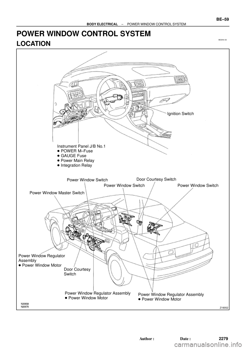 TOYOTA CAMRY 2000  Service Repair Manual BE0AN±03
Z19052
Ignition Switch
Instrument Panel J/B No.1
 POWER M±Fuse
 GAUGE Fuse
 Power Main Relay
 Integration Relay
Power Window Switch
Power Window Master SwitchPower Window SwitchDoor Cou