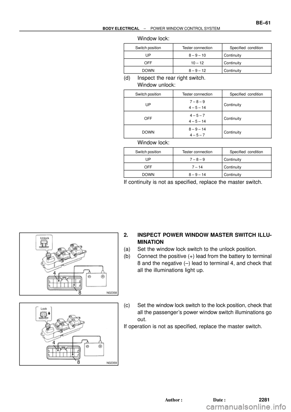 TOYOTA CAMRY 2000 Service Repair Manual N02358 Unlock
4
8
N02359
4
8
Lock
± BODY ELECTRICALPOWER WINDOW CONTROL SYSTEM
BE±61
2281 Author: Date:
Window lock:
Switch positionTester connectionSpecified condition
UP8 ± 9 ± 10Continuity
O TOYOTA CAMRY 2000 Service Repair Manual N02358 Unlock
4
8
N02359
4
8
Lock
± BODY ELECTRICALPOWER WINDOW CONTROL SYSTEM
BE±61
2281 Author: Date:
Window lock:
Switch positionTester connectionSpecified condition
UP8 ± 9 ± 10Continuity
O