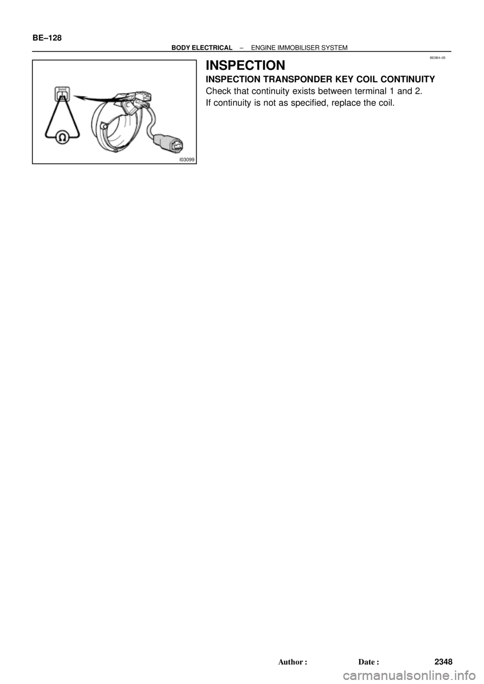 TOYOTA CAMRY 2000  Service Repair Manual I03099
BE0B4±05
BE±128
± BODY ELECTRICALENGINE IMMOBILISER SYSTEM
2348 Author: Date:
INSPECTION
INSPECTION TRANSPONDER KEY COIL CONTINUITY
Check that continuity exists between terminal 1 and 2.
I