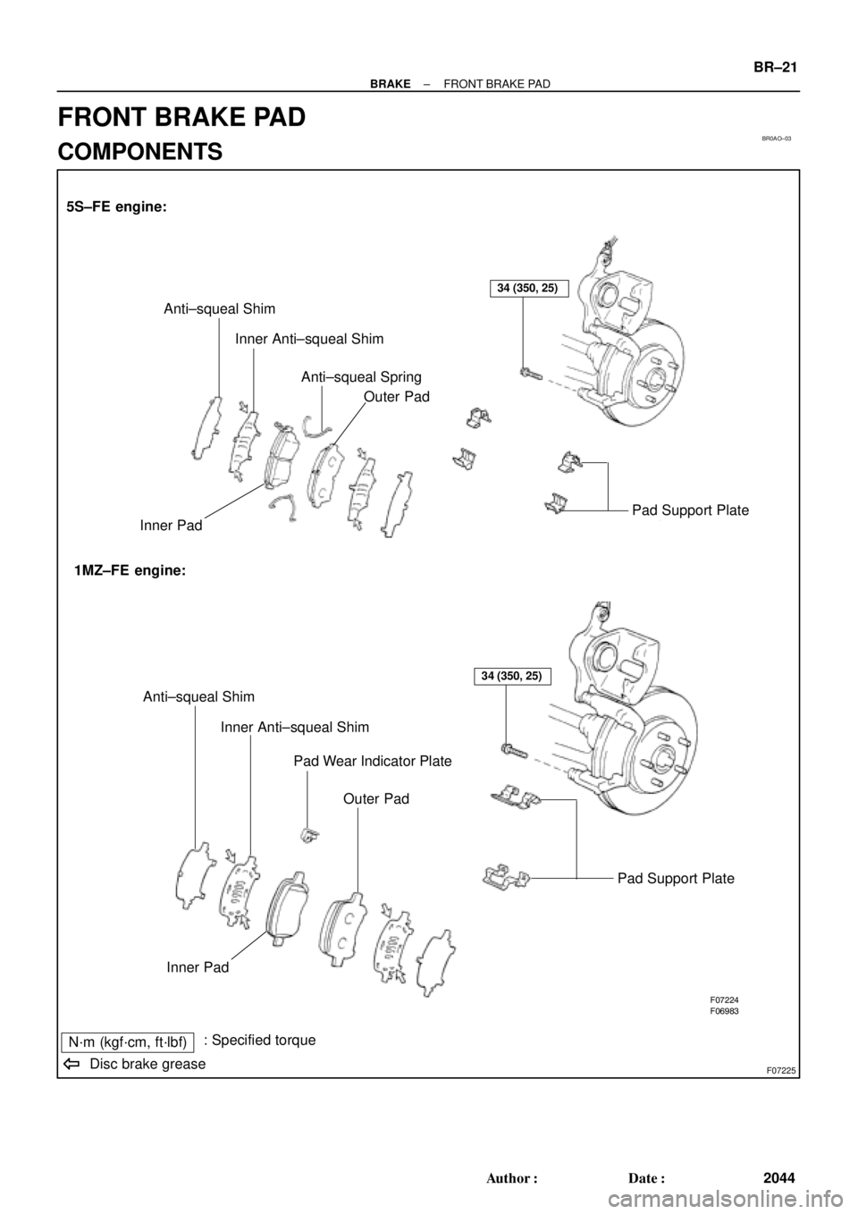 TOYOTA CAMRY 2000  Service Repair Manual BR0AO±03
F06983F07224
F07225
Anti±squeal Shim
Inner Anti±squeal Shim
Anti±squeal Spring
Pad Support Plate
Inner PadOuter Pad
1MZ±FE engine: 5S±FE engine:
Anti±squeal Shim
Inner Anti±squeal Shi