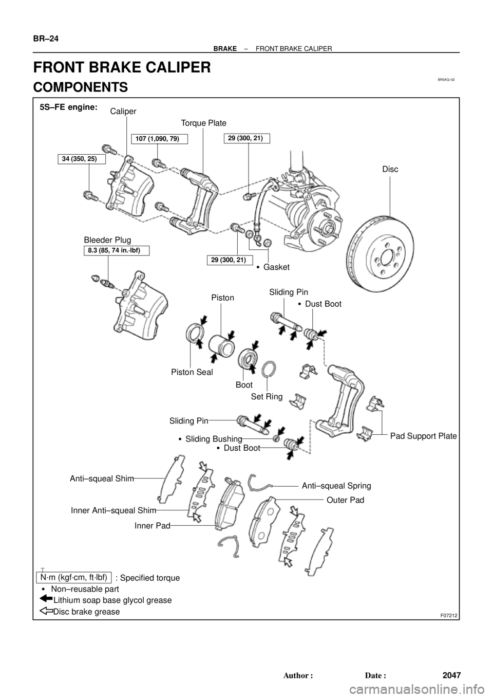 TOYOTA CAMRY 2000  Service Repair Manual BR0AQ±02
F07212
Caliper
Torque Plate
Disc
Gasket
Piston
Piston SealSliding Pin
Dust Boot
Pad Support Plate Sliding Pin
Sliding Bushing
Dust Boot
Anti±squeal Spring
Outer Pad Anti±squeal Shim
In
