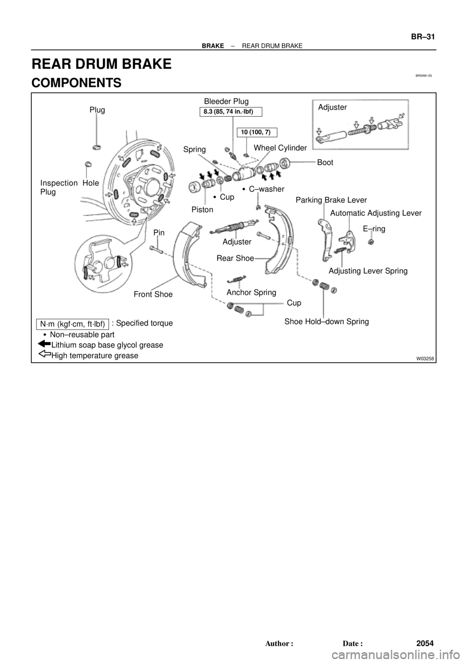TOYOTA CAMRY 2000  Service Repair Manual BR0AW±03
W03258
Plug
SpringWheel Cylinder
BootAdjuster
Cup
PistonC±washer Inspection Hole
Plug
Pin
Front Shoe
Cup
Shoe Hold±down Spring Adjuster
Rear Shoe
Anchor SpringParking Brake Lever
Automat