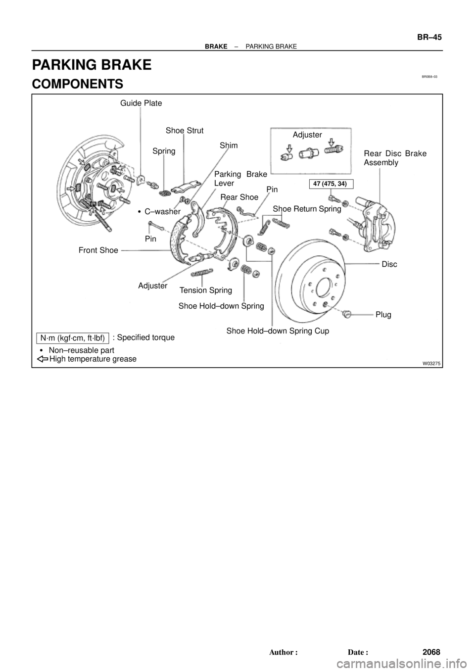 TOYOTA CAMRY 2000  Service Repair Manual BR0B8±03
W03275
Guide Plate
SpringShoe Strut
ShimAdjuster
Rear Disc Brake
Assembly
Disc
Plug Pin
Shoe Return Spring Rear Shoe Parking Brake
Lever
C±washer
Pin
Front Shoe
Adjuster
Tension Spring
Sho