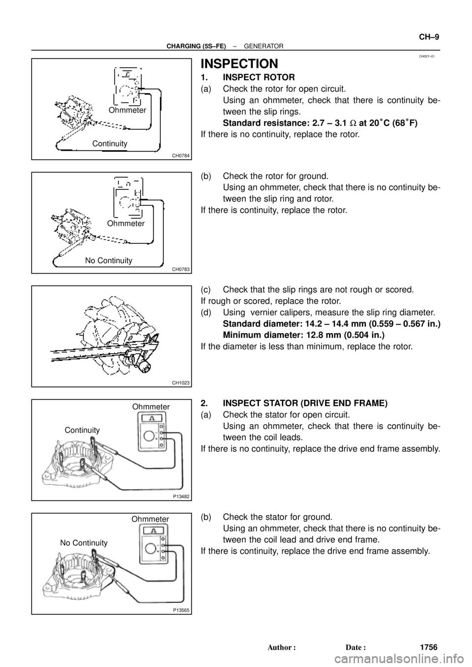 TOYOTA CAMRY 2000 Service Repair Manual CH02Y±01
CH0784
Ohmmeter
Continuity
CH0783
Ohmmeter
No Continuity
CH1023
P13482
Ohmmeter
Continuity
P13565
Ohmmeter
No Continuity
± CHARGING (5S±FE)GENERATOR
CH±9
1756 Author: Date:
INSPECTION
1 TOYOTA CAMRY 2000 Service Repair Manual CH02Y±01
CH0784
Ohmmeter
Continuity
CH0783
Ohmmeter
No Continuity
CH1023
P13482
Ohmmeter
Continuity
P13565
Ohmmeter
No Continuity
± CHARGING (5S±FE)GENERATOR
CH±9
1756 Author: Date:
INSPECTION
1