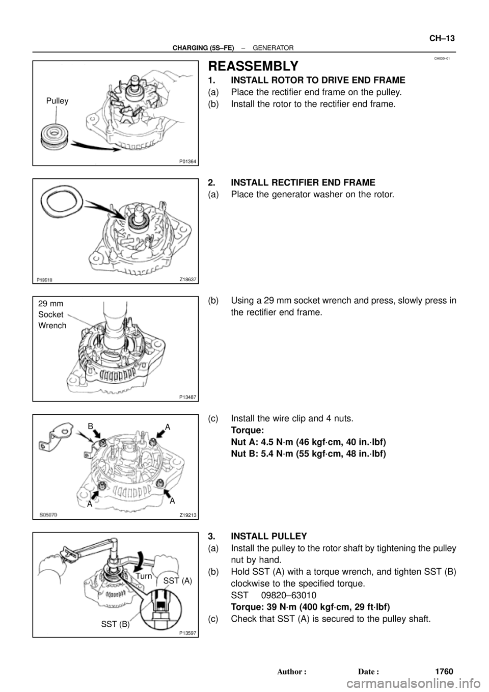 TOYOTA CAMRY 2000  Service Repair Manual CH030±01
P01364
Pulley
Z18637
P13487
29 mm
Socket
Wrench
Z19213
A B
AA
P13597
SST (A) Turn
SST (B)
± CHARGING (5S±FE)GENERATOR
CH±13
1760 Author: Date:
REASSEMBLY
1. INSTALL ROTOR TO DRIVE END F