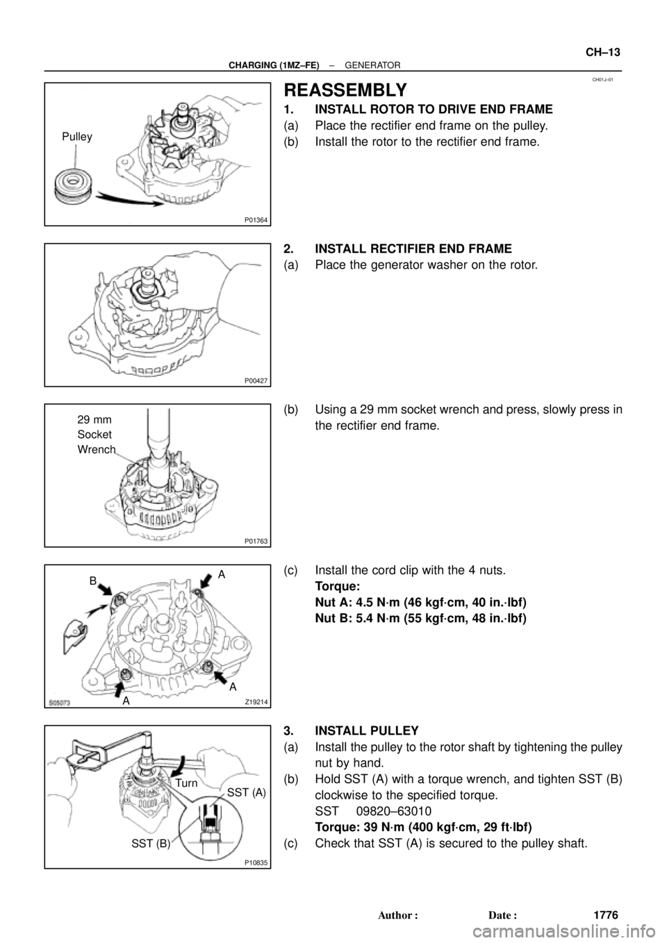 TOYOTA CAMRY 2000  Service Repair Manual CH01J±01
P01364
Pulley
P00427
P01763
29 mm
Socket
Wrench
Z19214AA A
B
P10835
Turn
SST (A)
SST (B)
± CHARGING (1MZ±FE)GENERATOR
CH±13
1776 Author: Date:
REASSEMBLY
1. INSTALL ROTOR TO DRIVE END F