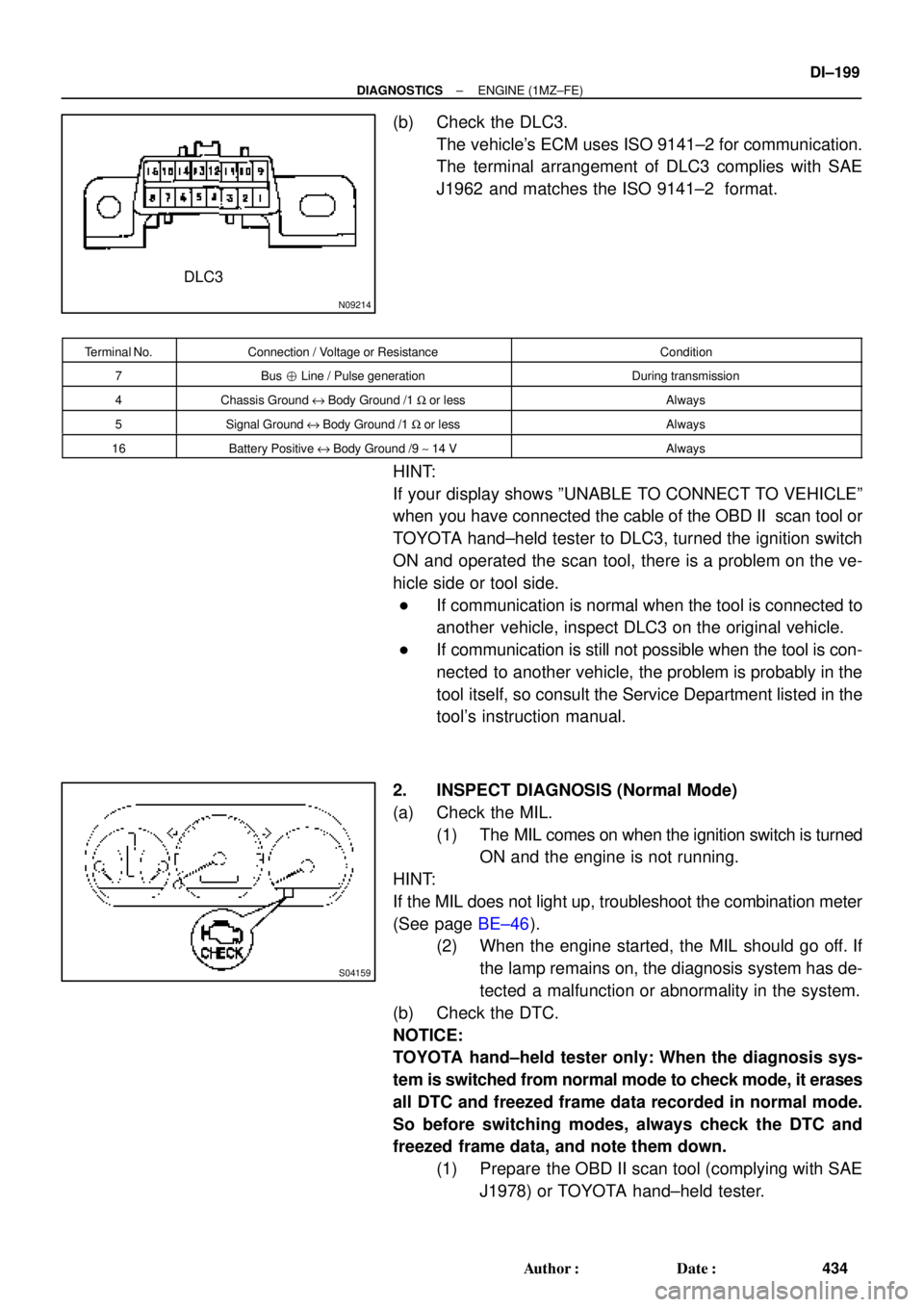 TOYOTA CAMRY 2000 Service Repair Manual N09214
DLC3
S04159
± DIAGNOSTICSENGINE (1MZ±FE)
DI±199
434 Author: Date:
(b) Check the DLC3.
The vehicles ECM uses ISO 9141±2 for communication.
The terminal arrangement of DLC3 complies with S TOYOTA CAMRY 2000 Service Repair Manual N09214
DLC3
S04159
± DIAGNOSTICSENGINE (1MZ±FE)
DI±199
434 Author: Date:
(b) Check the DLC3.
The vehicles ECM uses ISO 9141±2 for communication.
The terminal arrangement of DLC3 complies with S