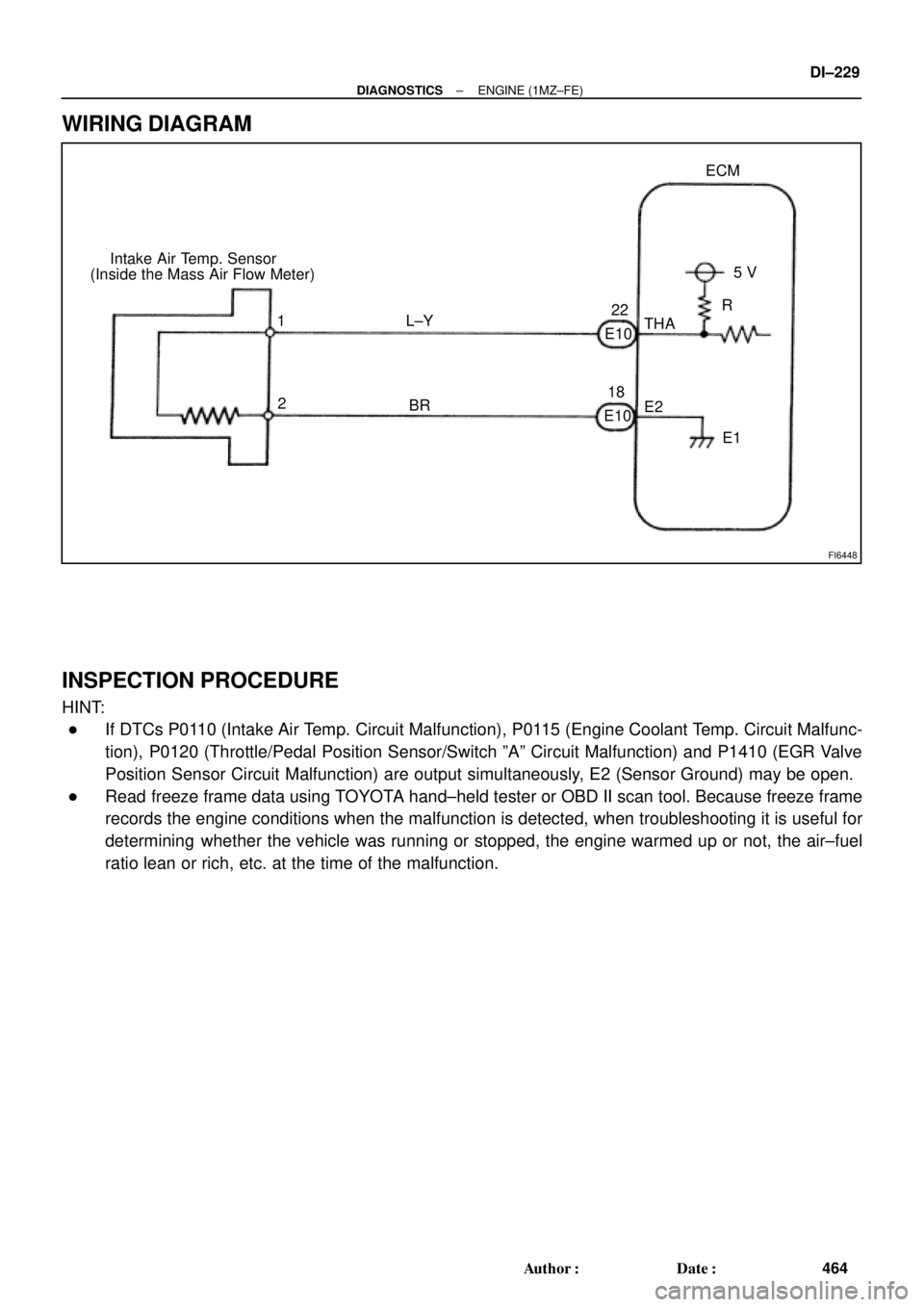 TOYOTA CAMRY 2000  Service Repair Manual FI6448
Intake Air Temp. Sensor
(Inside the Mass Air Flow Meter)ECM
5 V
THA
E2
E1 1
2R
L±Y
BR
E10E1022
18
± DIAGNOSTICSENGINE (1MZ±FE)
DI±229
464 Author: Date:
WIRING DIAGRAM
INSPECTION PROCEDURE