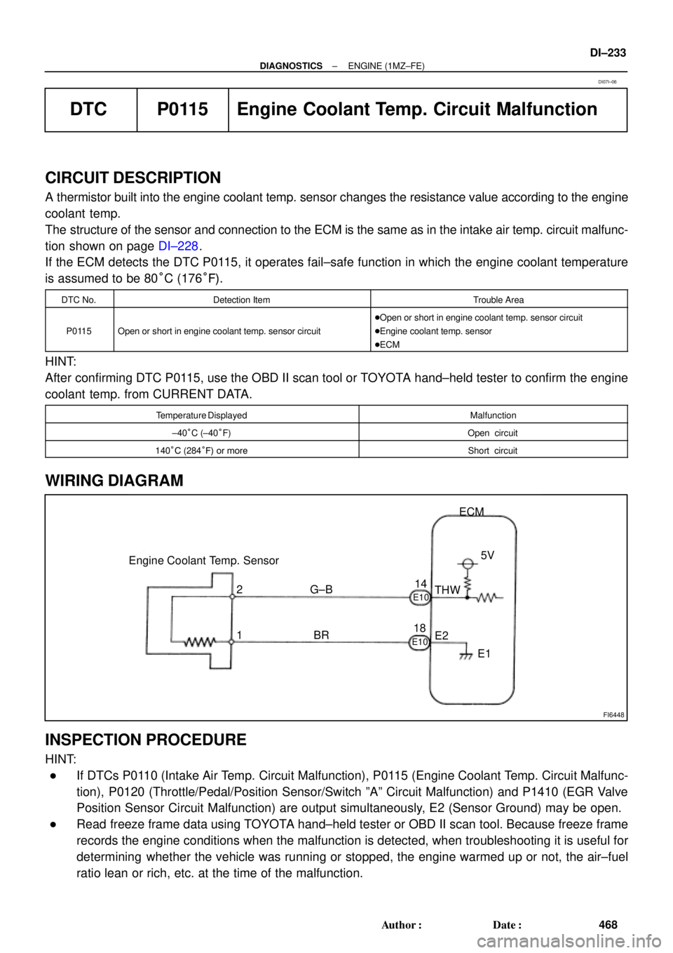 TOYOTA CAMRY 2000 Service Repair Manual FI6448
Engine Coolant Temp. SensorECM
5V
THW
E2
E1 2
1G±B
BR
E10
14
18
E10
± DIAGNOSTICSENGINE (1MZ±FE)
DI±233
468 Author: Date:
DTC P0115 Engine Coolant Temp. Circuit Malfunction
CIRCUIT DESC TOYOTA CAMRY 2000 Service Repair Manual FI6448
Engine Coolant Temp. SensorECM
5V
THW
E2
E1 2
1G±B
BR
E10
14
18
E10
± DIAGNOSTICSENGINE (1MZ±FE)
DI±233
468 Author: Date:
DTC P0115 Engine Coolant Temp. Circuit Malfunction
CIRCUIT DESC