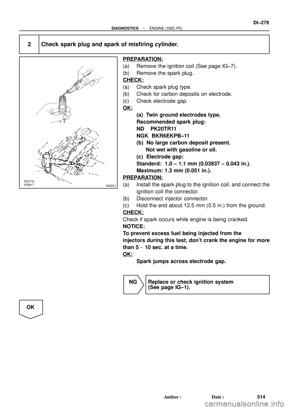 TOYOTA CAMRY 2000 Service Repair Manual A00221P25779
P23917
± DIAGNOSTICSENGINE (1MZ±FE)
DI±279
514 Author: Date:
2 Check spark plug and spark of misfiring cylinder.
PREPARATION:
(a) Remove the ignition coil (See page IG±7).
(b) Remov TOYOTA CAMRY 2000 Service Repair Manual A00221P25779
P23917
± DIAGNOSTICSENGINE (1MZ±FE)
DI±279
514 Author: Date:
2 Check spark plug and spark of misfiring cylinder.
PREPARATION:
(a) Remove the ignition coil (See page IG±7).
(b) Remov
