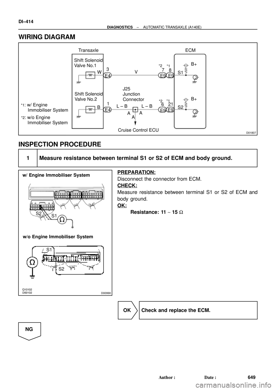 TOYOTA CAMRY 2000  Service Repair Manual D01807
W3
E4 Transaxle
Shift Solenoid
Valve No.1
Shift Solenoid
Valve No.2
*2: w/o Engine
     Immobiliser SystemE4 B1V7
21
*2
E9S1
*1: w/ Engine 
     Immobiliser System
A L ± B
*18
6
*2*1
E9
E9E9 L