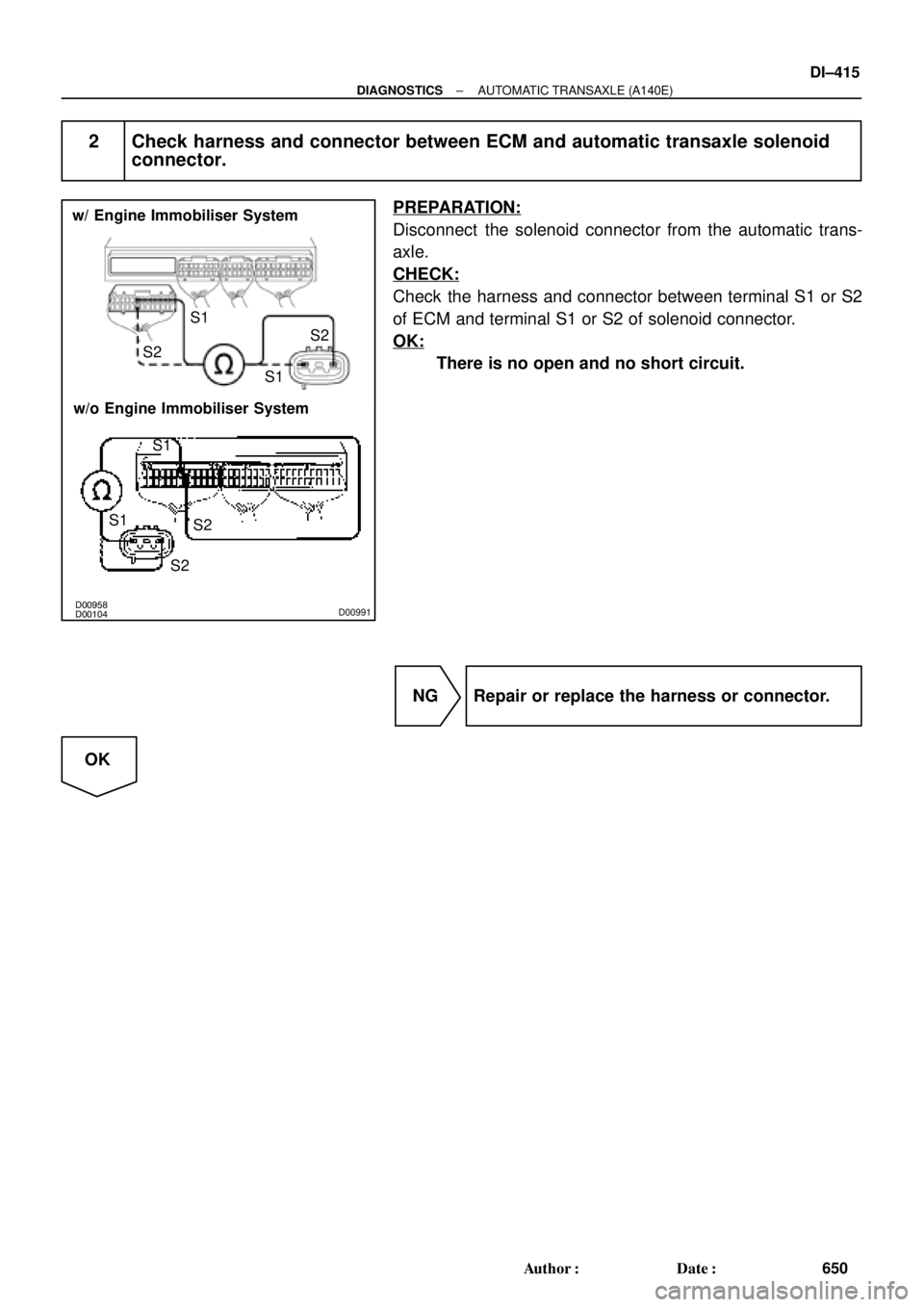 TOYOTA CAMRY 2000  Service Repair Manual D00104 D00958D00991
w/ Engine Immobiliser System
w/o Engine Immobiliser SystemS2S1
S1S2
S1
S2 S1
S2
± DIAGNOSTICSAUTOMATIC TRANSAXLE (A140E)
DI±415
650 Author: Date:
2 Check harness and connector 