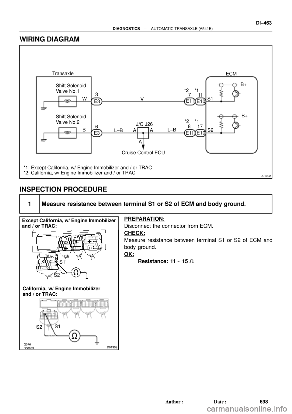 TOYOTA CAMRY 2000  Service Repair Manual D01092
Transaxle
*1: Except California, w/ Engine Immobilizer and / or TRAC
*2: California, w/ Engine Immobilizer and / or TRACShift Solenoid
Valve No.1
W3
6 E3
L±B BV
J/C J26
A*2 *1
Shift Solenoid
V