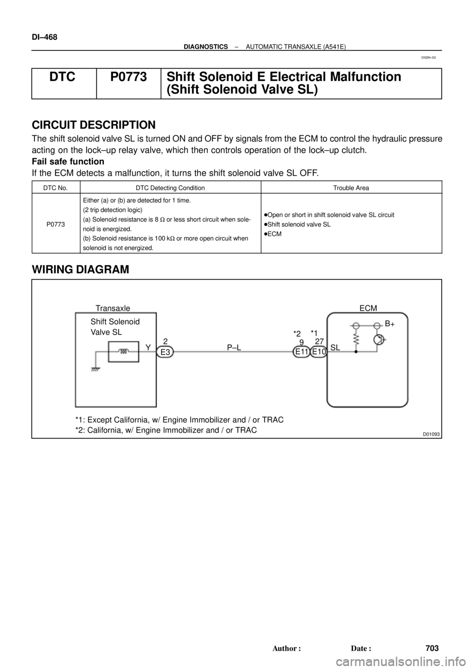 TOYOTA CAMRY 2000 Service Repair Manual D01093
Transaxle
Shift Solenoid
Valve SL
2
E3P±L
E10B+
SLECM
*1: Except California, w/ Engine Immobilizer and / or TRAC
*2: California, w/ Engine Immobilizer and / or TRACE11 *2*1
27
9
Y DI±468
± D TOYOTA CAMRY 2000 Service Repair Manual D01093
Transaxle
Shift Solenoid
Valve SL
2
E3P±L
E10B+
SLECM
*1: Except California, w/ Engine Immobilizer and / or TRAC
*2: California, w/ Engine Immobilizer and / or TRACE11 *2*1
27
9
Y DI±468
± D