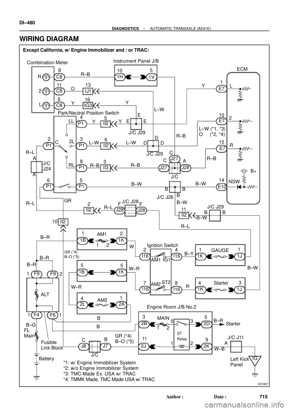 TOYOTA CAMRY 2000 Service Repair Manual D01897
Combination Meter
Ignition Switch Except California, w/ Engine Immobilizer and / or TRAC:
R
2
L8
11
6 C8
13
165
R±B
L±W YIJ1
IG310
1H
1VECM
1
E7
B+ 4
II2 P1
II3D J/C J2910 C8
C8O
Y
R±BY
R 2L TOYOTA CAMRY 2000 Service Repair Manual D01897
Combination Meter
Ignition Switch Except California, w/ Engine Immobilizer and / or TRAC:
R
2
L8
11
6 C8
13
165
R±B
L±W YIJ1
IG310
1H
1VECM
1
E7
B+ 4
II2 P1
II3D J/C J2910 C8
C8O
Y
R±BY
R 2L