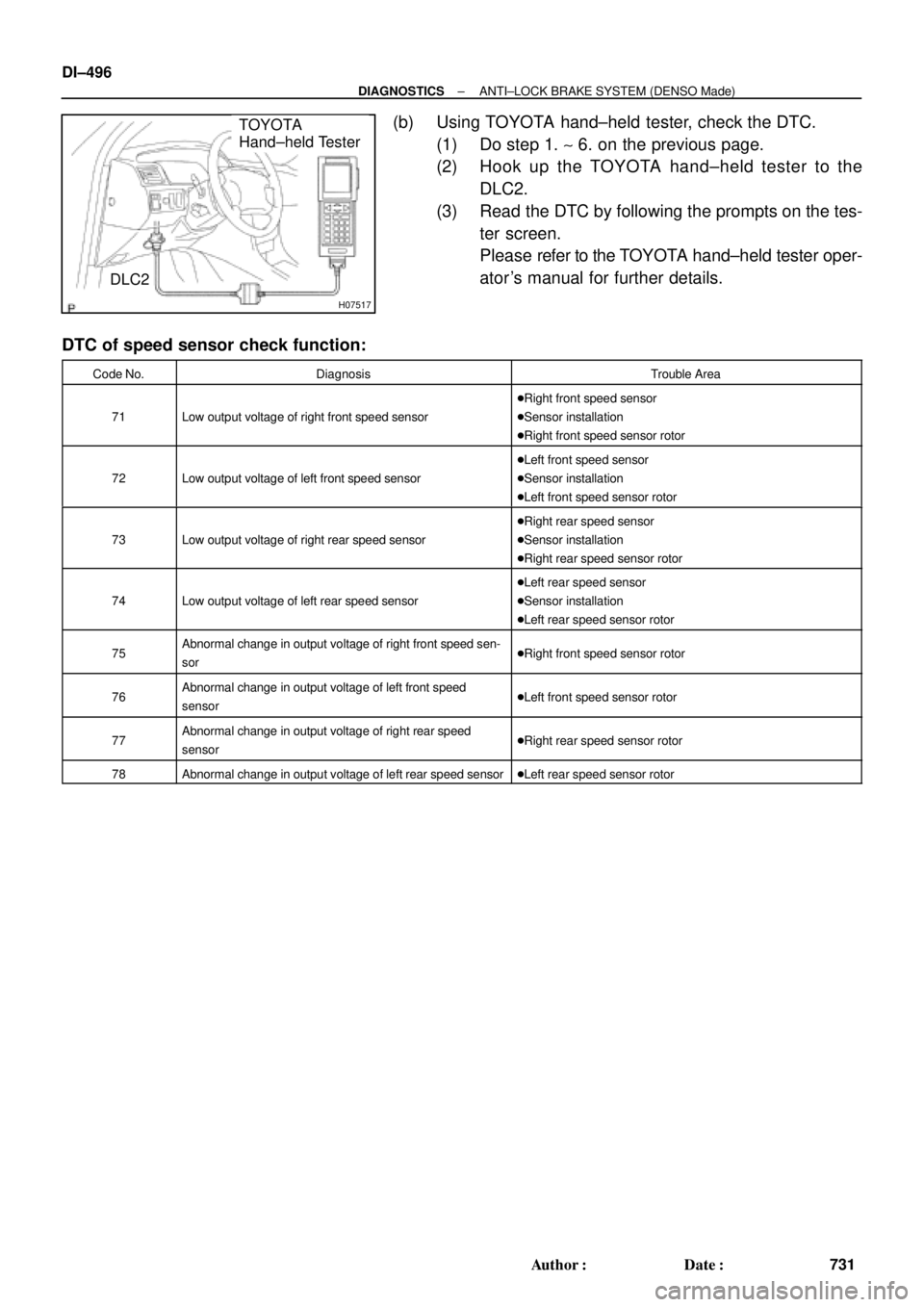 TOYOTA CAMRY 2000 Service Repair Manual H07517
TOYOTA
Hand±held Tester
DLC2 DI±496
± DIAGNOSTICSANTI±LOCK BRAKE SYSTEM (DENSO Made)
731 Author: Date:
(b) Using TOYOTA hand±held tester, check the DTC.
(1) Do step 1. ~ 6. on the previo TOYOTA CAMRY 2000 Service Repair Manual H07517
TOYOTA
Hand±held Tester
DLC2 DI±496
± DIAGNOSTICSANTI±LOCK BRAKE SYSTEM (DENSO Made)
731 Author: Date:
(b) Using TOYOTA hand±held tester, check the DTC.
(1) Do step 1. ~ 6. on the previo