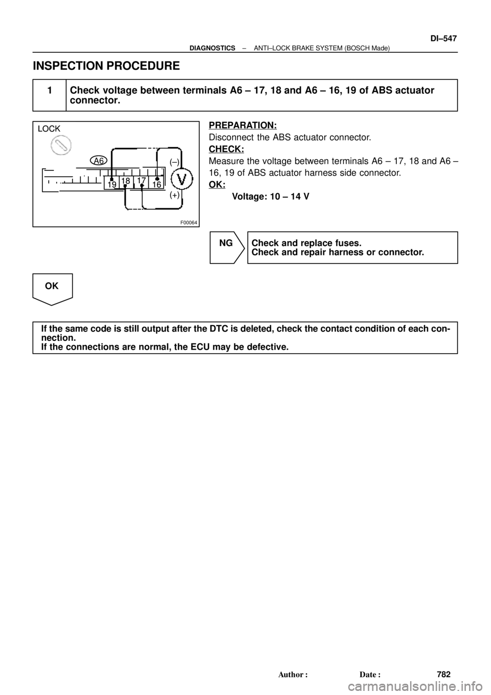 TOYOTA CAMRY 2000  Service Repair Manual F00064
LOCK
191817
16
(+) (±) LOCK
191817
16
(+) (±)
A6 LOCK
191817
16
(+) (±)
± DIAGNOSTICSANTI±LOCK BRAKE SYSTEM (BOSCH Made)
DI±547
782 Author: Date:
INSPECTION PROCEDURE
1 Check voltage be